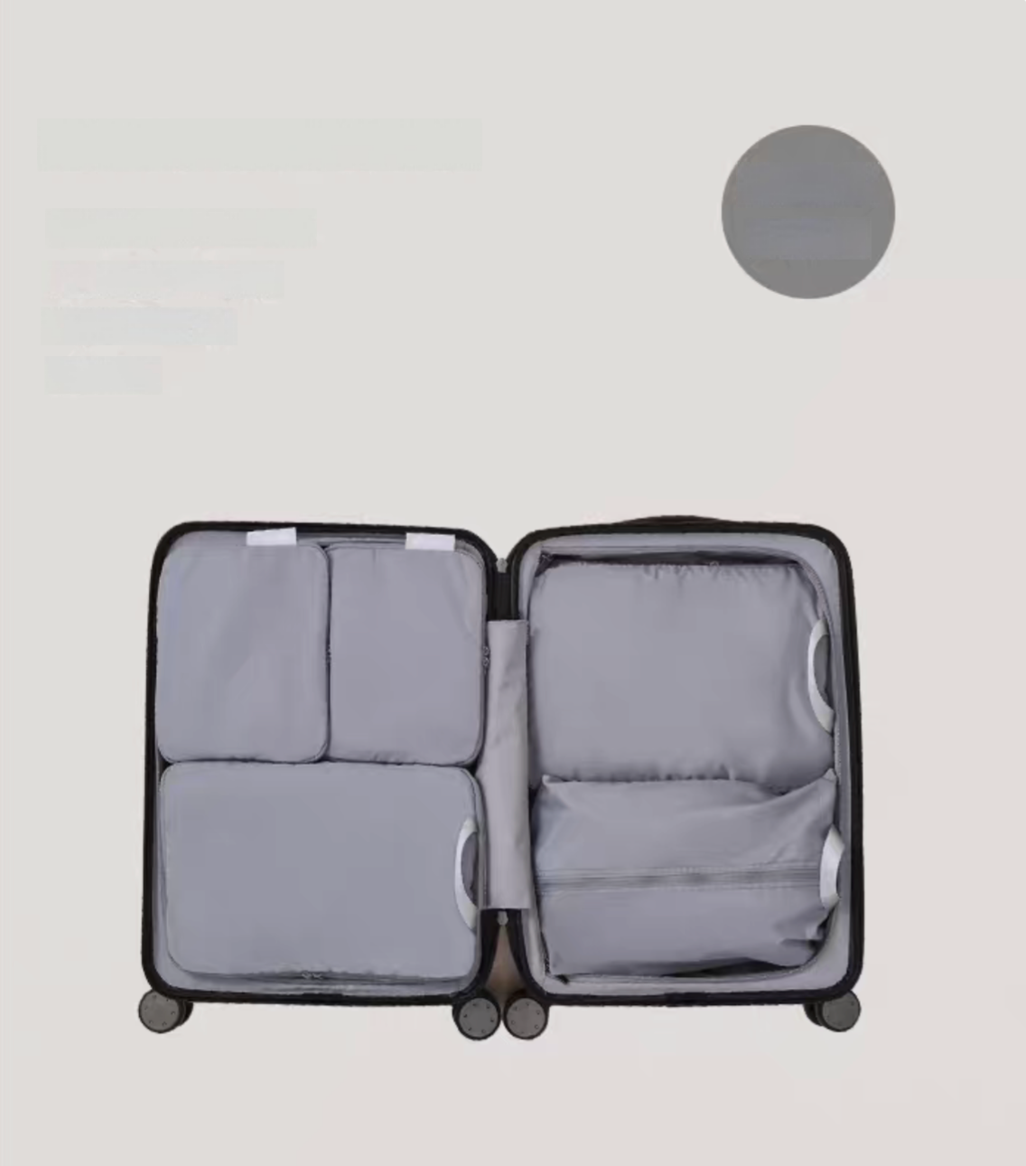 Ultimate Gray Compression Travel Packing Cubes with Shoe and Clothing Organizer Set showing the 6pcs suitcase layout