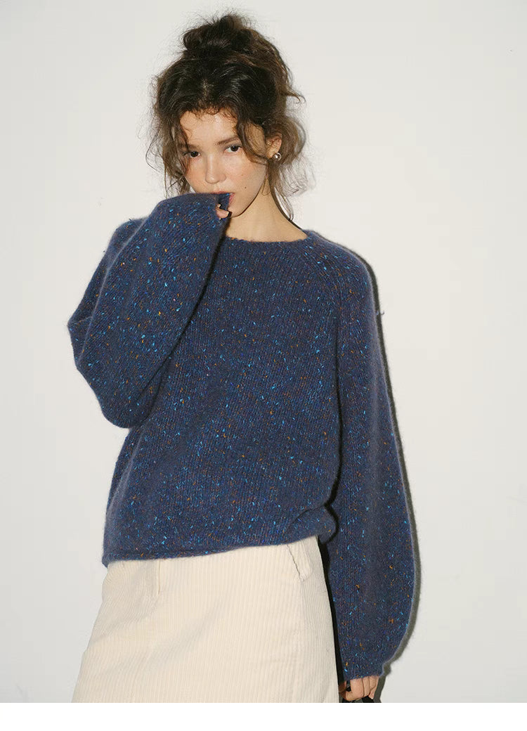 Fantasy purple confetti knit sweater worn in front pose highlighting relaxed fit and soft textured knit