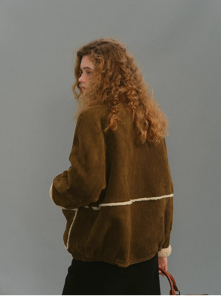 Back view of dark coffee brown suede shearling jacket with contrast trim