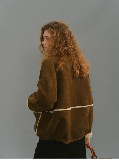 Back view of dark coffee brown suede shearling jacket with contrast trim