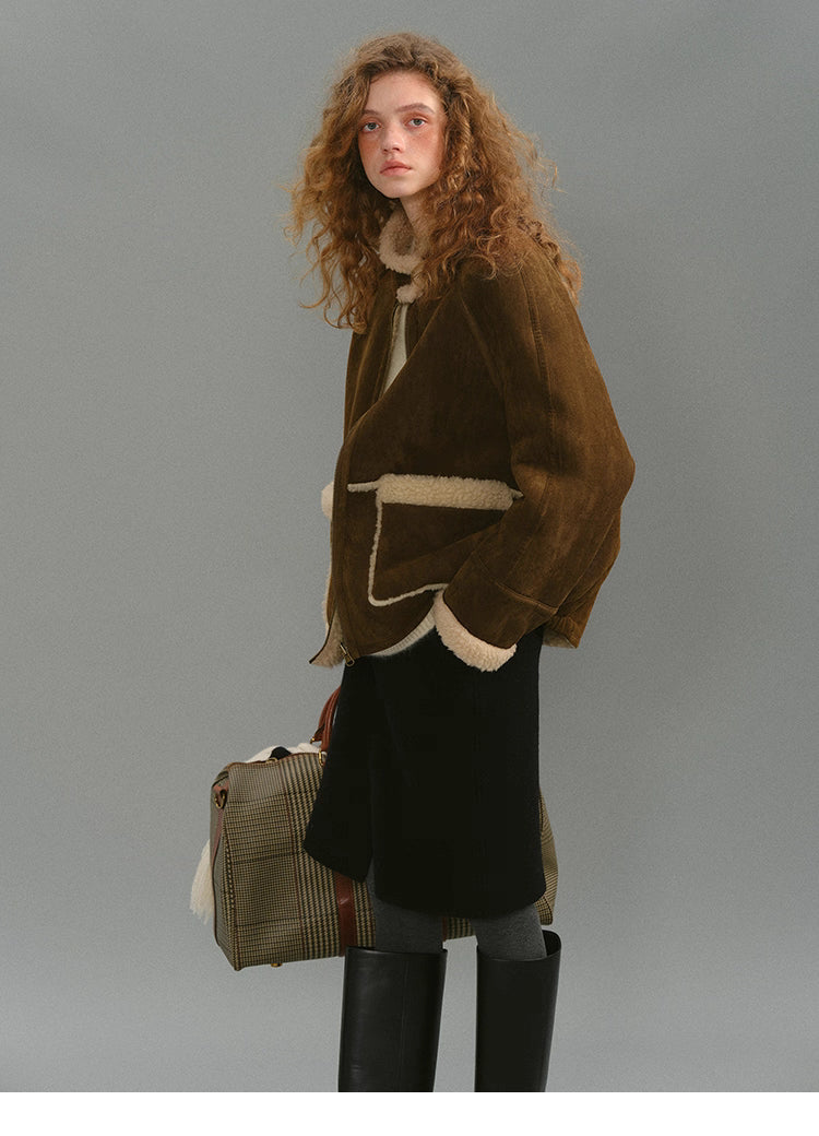 Dark coffee brown suede shearling jacket front view on model