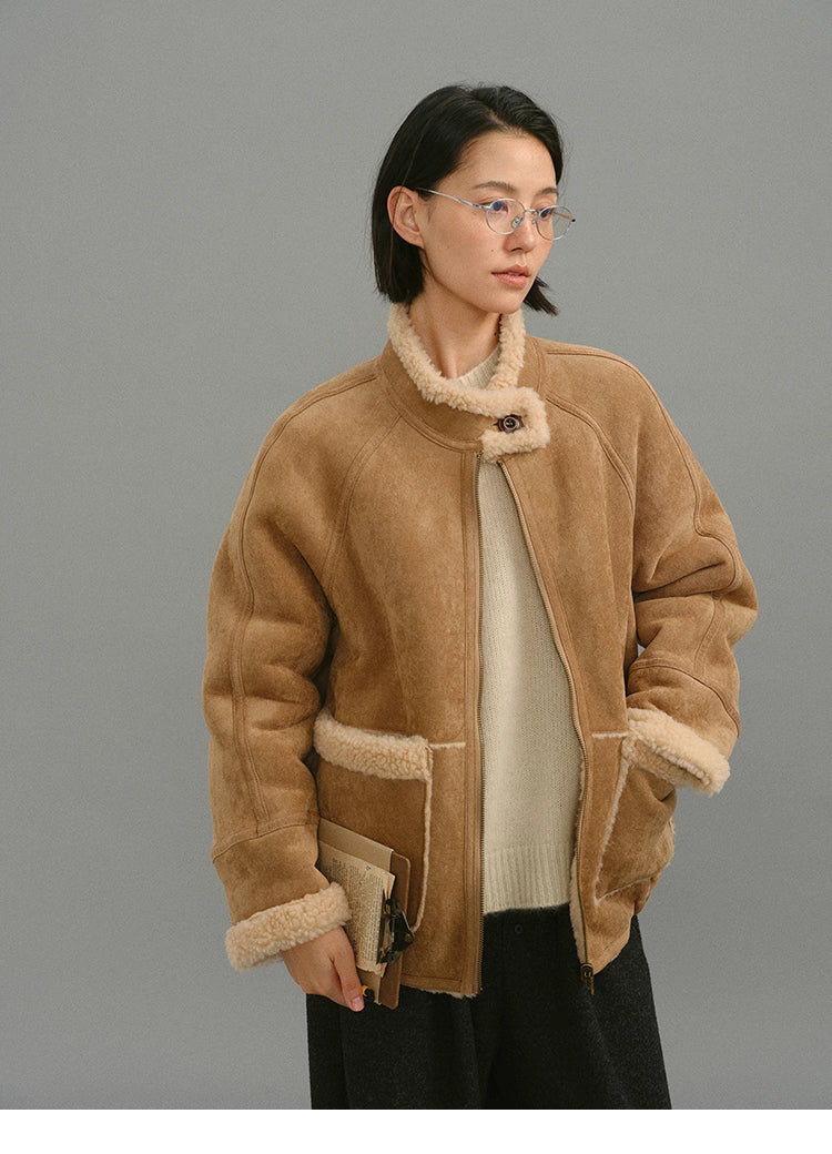 Light camel suede shearling-trim jacket front view on model