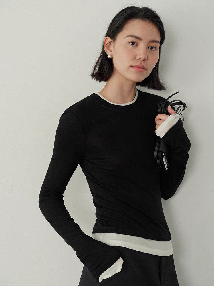 Contrast-Trim Slim-Fit Long-Sleeve Top black and white close up upper body slim silhouette contrast cuffs detail