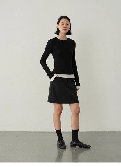 Contrast-Trim Slim-Fit Long-Sleeve Top black and white full body outfit styled with skirt slim fit casual look