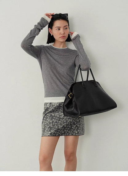 Contrast-Trim Slim-Fit Long-Sleeve Top gray and white front view with handbag layered look slim fit styling