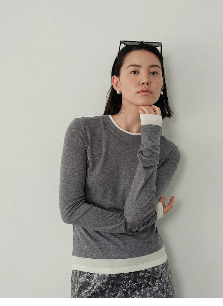 Contrast-Trim Slim-Fit Long-Sleeve Top gray and white mid shot portrait soft fabric slim fit casual wear