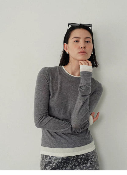 Contrast-Trim Slim-Fit Long-Sleeve Top gray and white mid shot portrait soft fabric slim fit casual wear