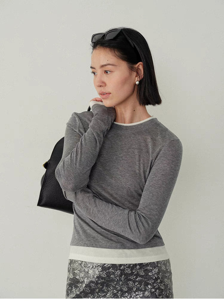 Contrast-Trim Slim-Fit Long-Sleeve Top gray and white side view with handbag slim fit layered outfit