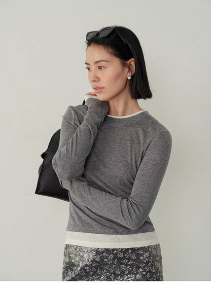 Contrast-Trim Slim-Fit Long-Sleeve Top gray and white side view with handbag slim fit layered outfit