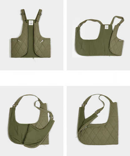 Four-angle view of olive quilted vest bag showing front, side, and folding modes.
