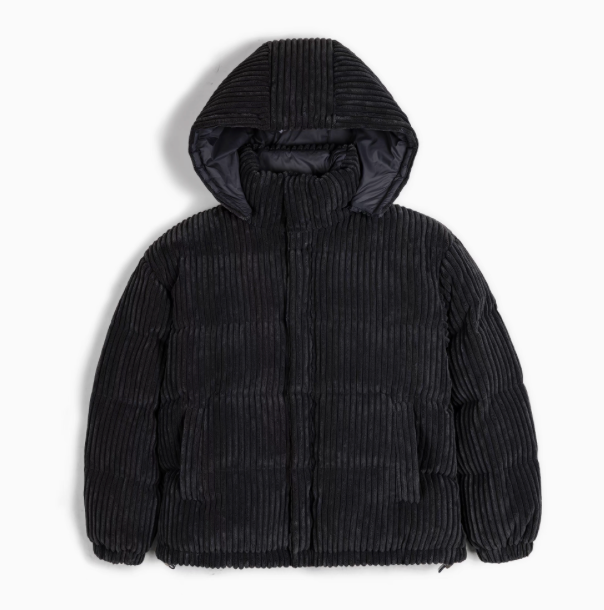 Corduroy Down Jacket with Removable Hood in Black front view displaying clean silhouette and insulated design