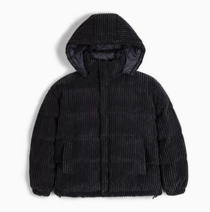 Corduroy Down Jacket with Removable Hood in Black front view displaying clean silhouette and insulated design