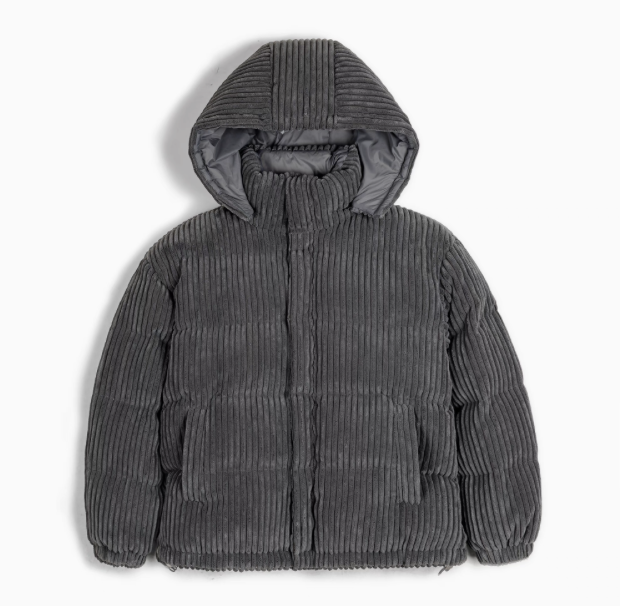 Corduroy Down Jacket with Removable Hood in Dark Gray front view showing full silhouette with hood and snap closure