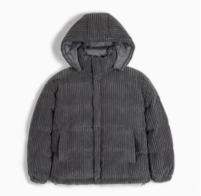 Corduroy Down Jacket with Removable Hood in Dark Gray front view showing full silhouette with hood and snap closure