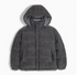 Corduroy Down Jacket with Removable Hood in Dark Gray front view showing full silhouette with hood and snap closure