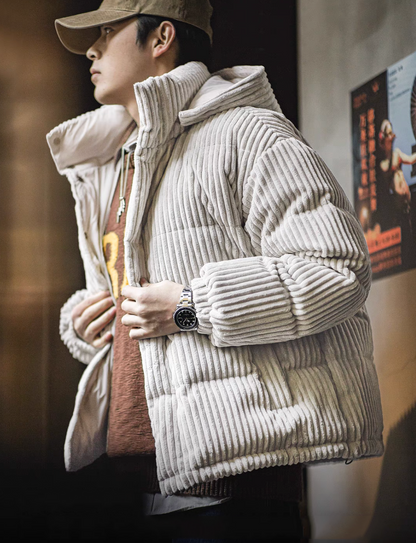 Misty Gray corduroy down jacket close-up showing adjustable collar and thick corduroy insulation detail