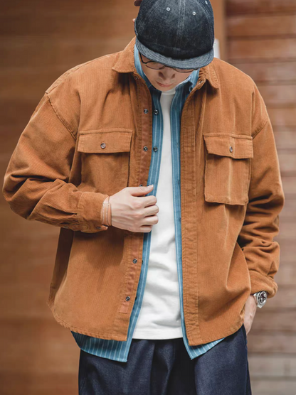 Amber Corduroy Field Shirt styled casually with layered outfit highlighting textured fabric and classic silhouette