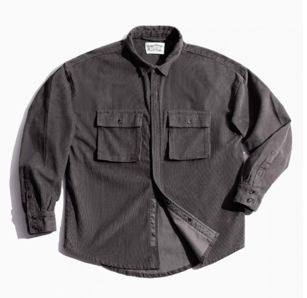 Corduroy Field Shirt in Smoke Gray front view featuring ribbed texture, dual chest pockets, and button-up closure