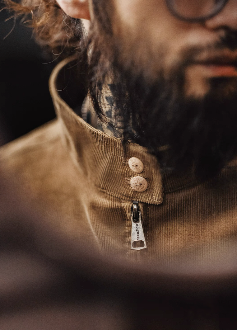 Close-up of Harrington jacket collar with dual button closure and zipper