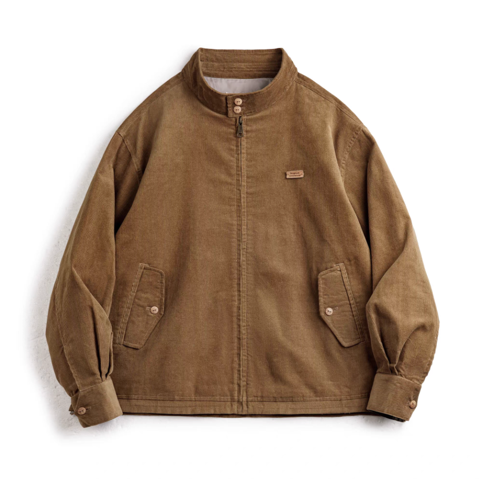 Corduroy Harrington jacket front view with stand collar and flap pockets