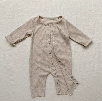 Oatmeal beige long sleeve baby romper with front snap opening for easy dressing