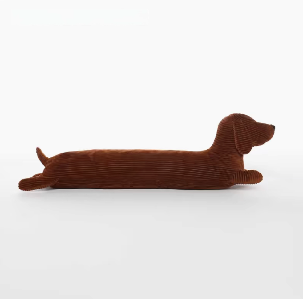 Brown dachshund long body pillow full side view showing elongated shape and corduroy texture