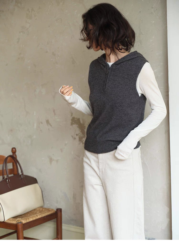 Cozy Sleeveless Pullover Sweater in dark gray, front view styled with long sleeve top and relaxed fit pants