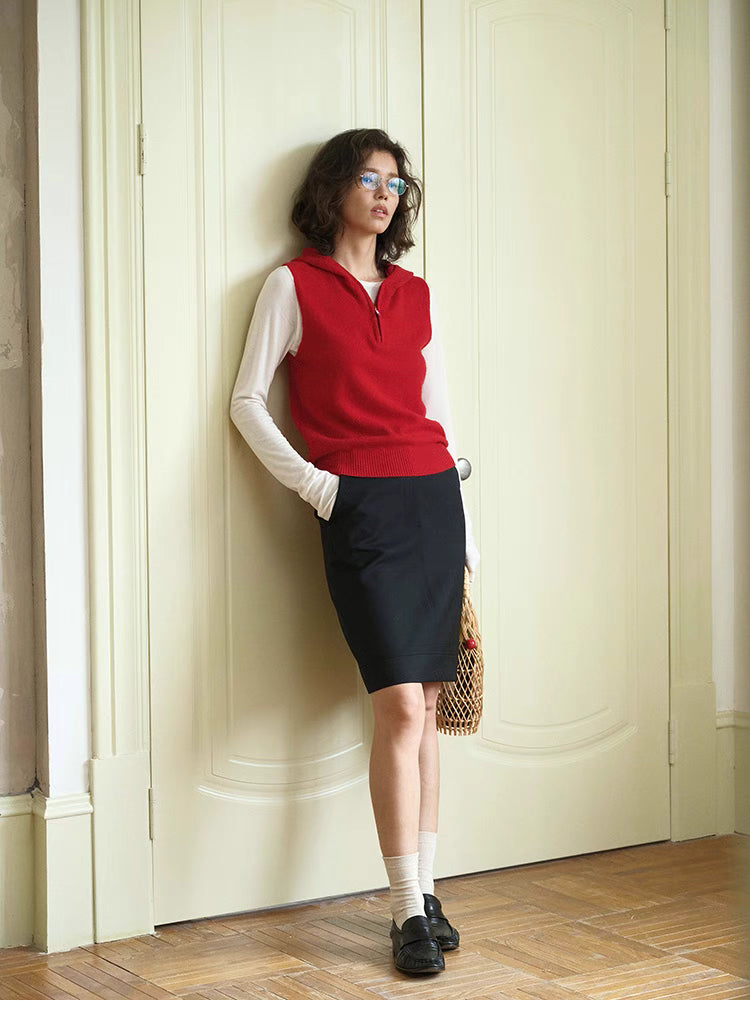 Full body look of red Cozy Sleeveless Pullover Sweater styled with long sleeve top and skirt, casual layered outfit