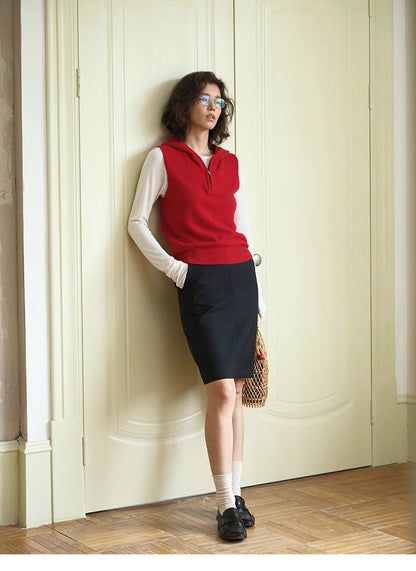 Full body look of red Cozy Sleeveless Pullover Sweater styled with long sleeve top and skirt, casual layered outfit