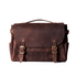 Front view of dark brown crazy horse leather satchel with brass buckles and flap closure.