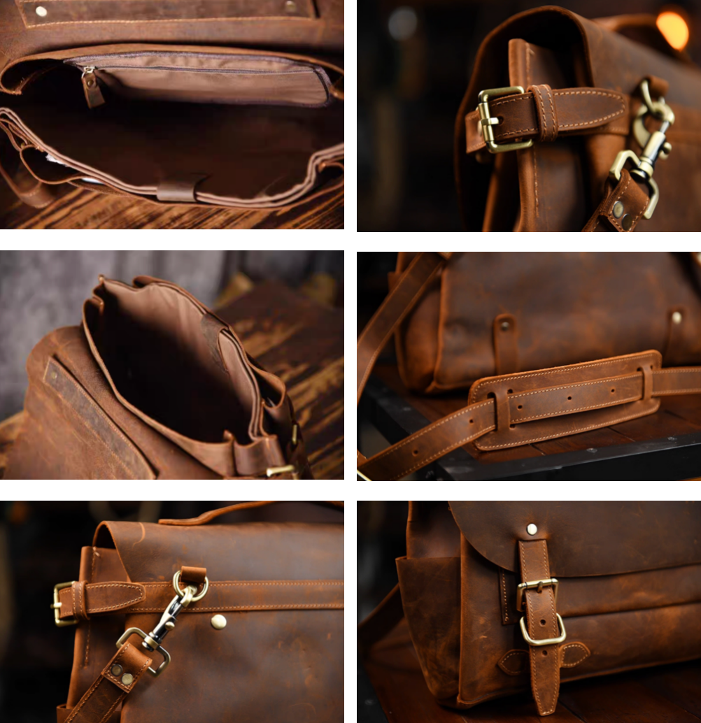 Collage showing interior pockets, buckles, stitching, and strap details of leather satchel.