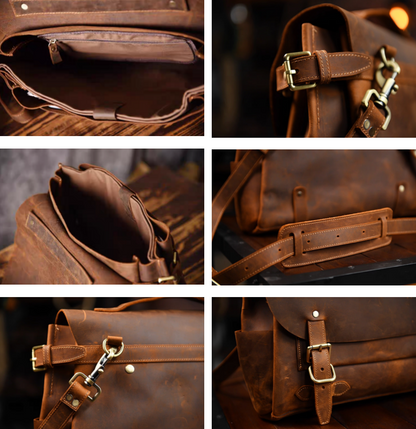 Collage showing interior pockets, buckles, stitching, and strap details of leather satchel.
