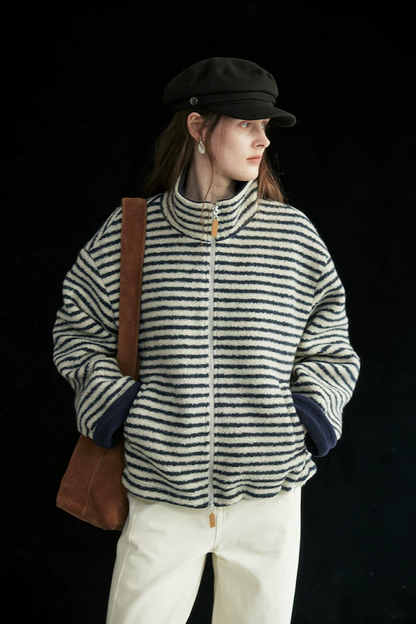 Cream/Navy Stripe textured wool jacket with two-way zip and navy fleece showing at the pockets