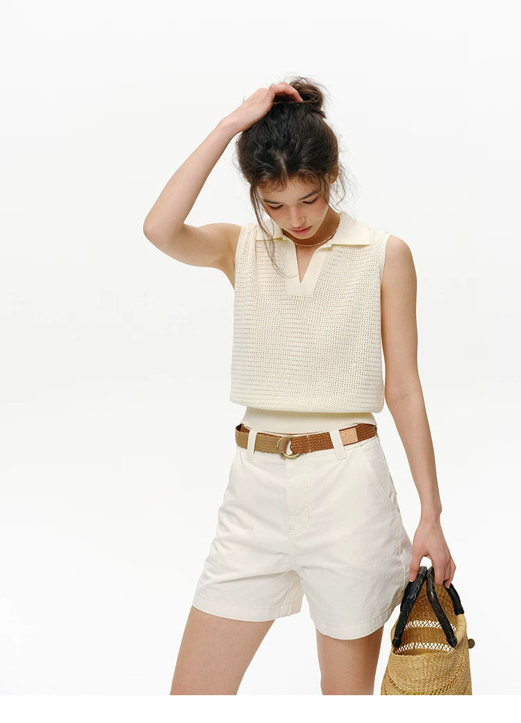 Front view of Cream pointelle knit cotton sleeveless polo top with open johnny collar