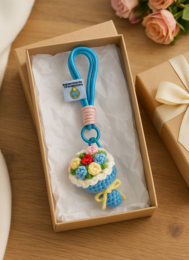 Handmade crochet flower bouquet keychain in blue with rope loop, displayed inside a gift box with ribbon, perfect for gifting.