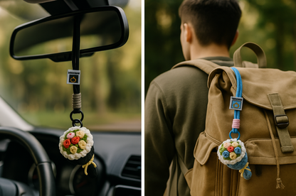 Lifestyle image showing crochet bouquet keychains used in different scenes: black variant hanging from a car rearview mirror, and blue variant clipped to a khaki backpack.
