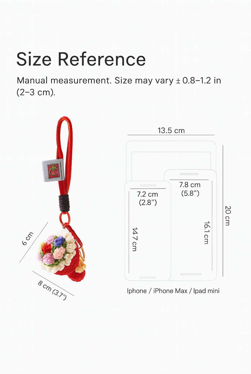 Size reference chart for handmade crochet flower bouquet keychain with red rope loop, showing measurements and comparison to iPhone and iPad Mini.