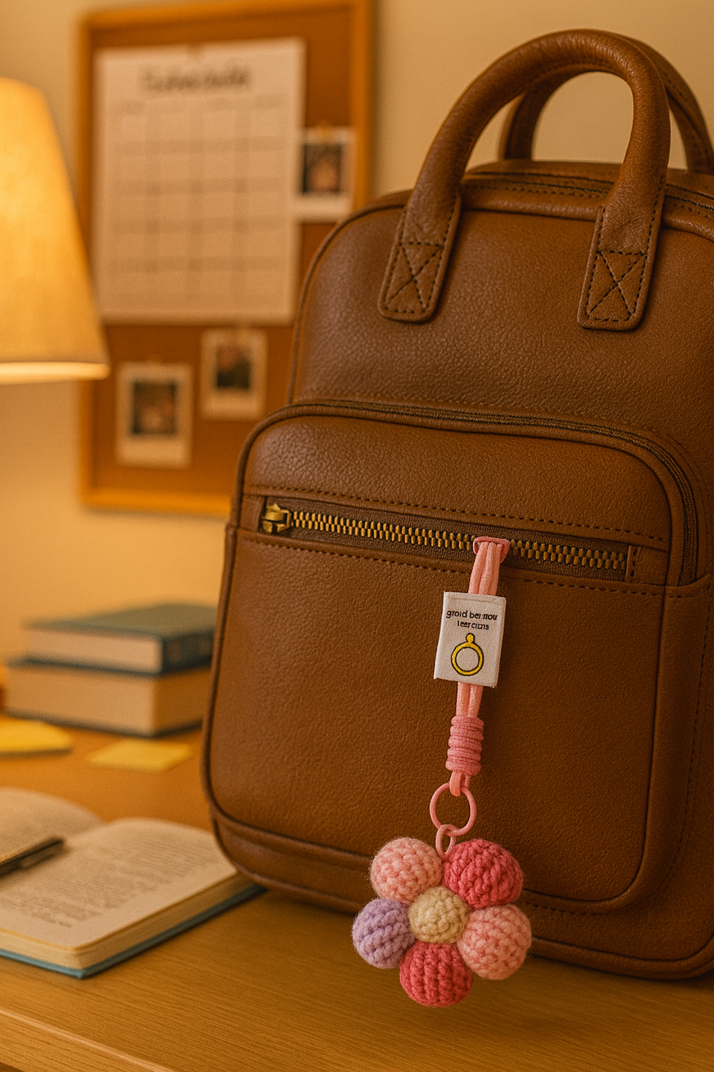 Pink crochet daisy keychain attached to brown leather backpack.