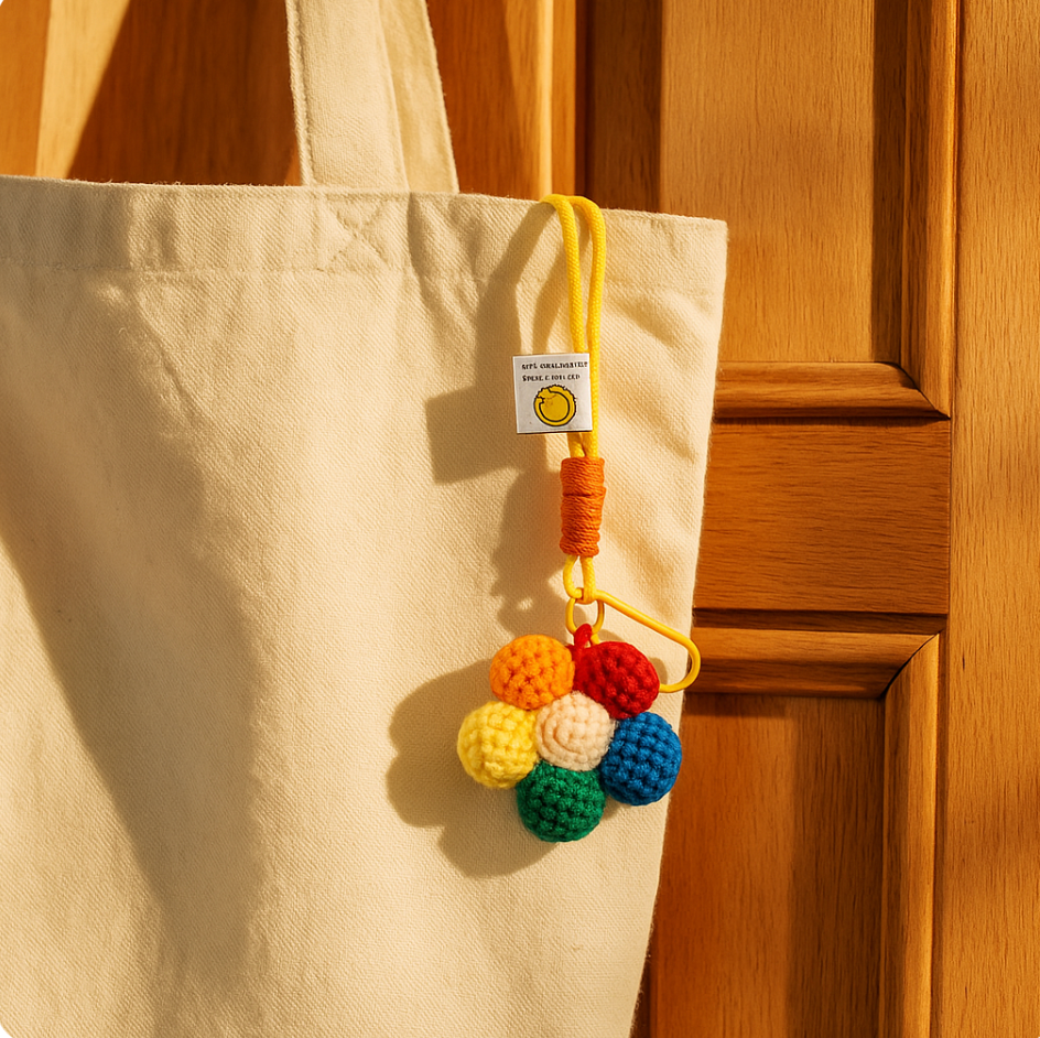 Crochet flower keychain hanging on a beige tote bag.