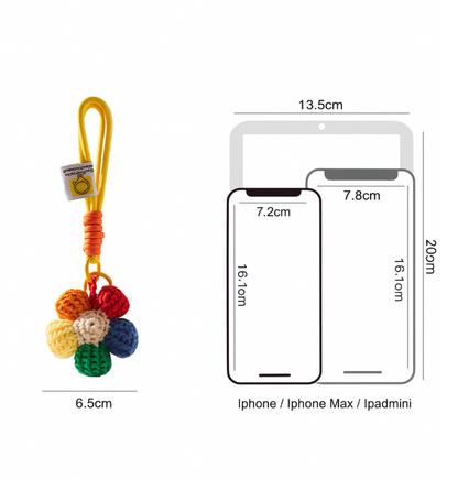 Size guide of handmade crochet flower keychain with rope loop, showing comparison to iPhone and iPad Mini.