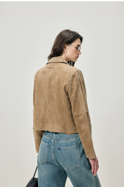 Back view of fawn sheepskin suede jacket with center seam and point collar