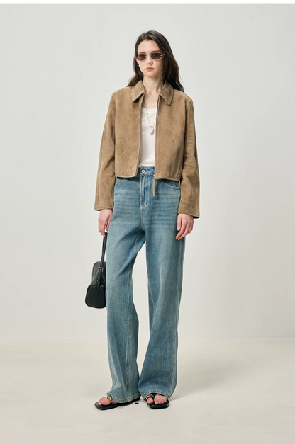 Full-length view of fawn suede zip jacket with white tank and wide-leg jeans