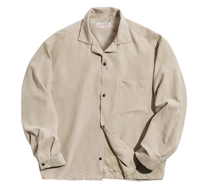 Light khaki Cuban collar overshirt flat lay, peached finish fabric.