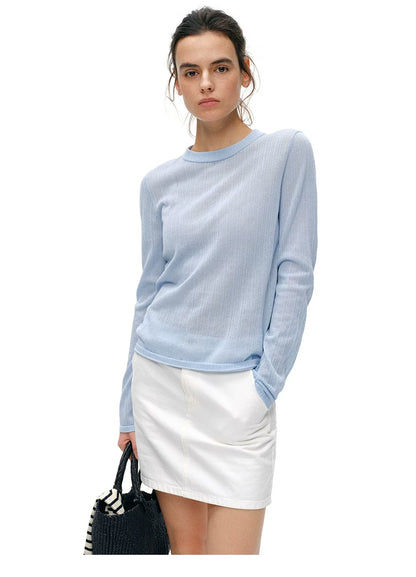 Powder blue cupro-silk ribbed knit top, front view