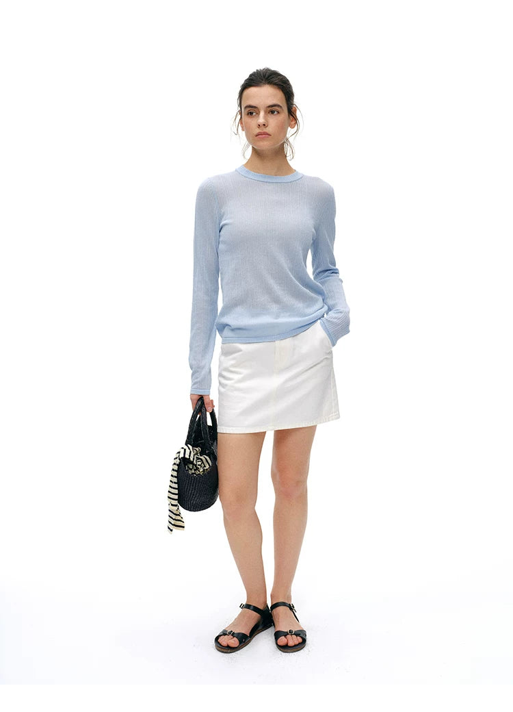 Powder blue cupro-silk ribbed knit top, full body front view