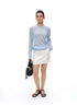 Powder blue cupro-silk ribbed knit top, full body front view