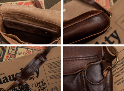 Four close-up shots of stitching, strap, and bottom details of handcrafted Italian leather satchel