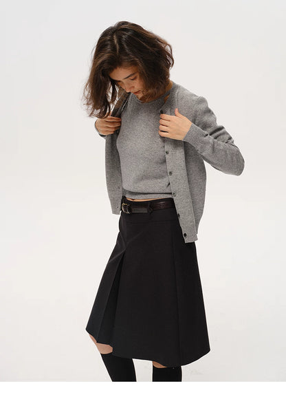 Heather Gray merino wool twin-set with cardigan worn open, looking downward