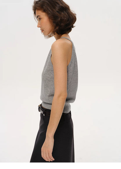 Side profile of Heather Gray merino wool tank top showing clean neckline and silhouette