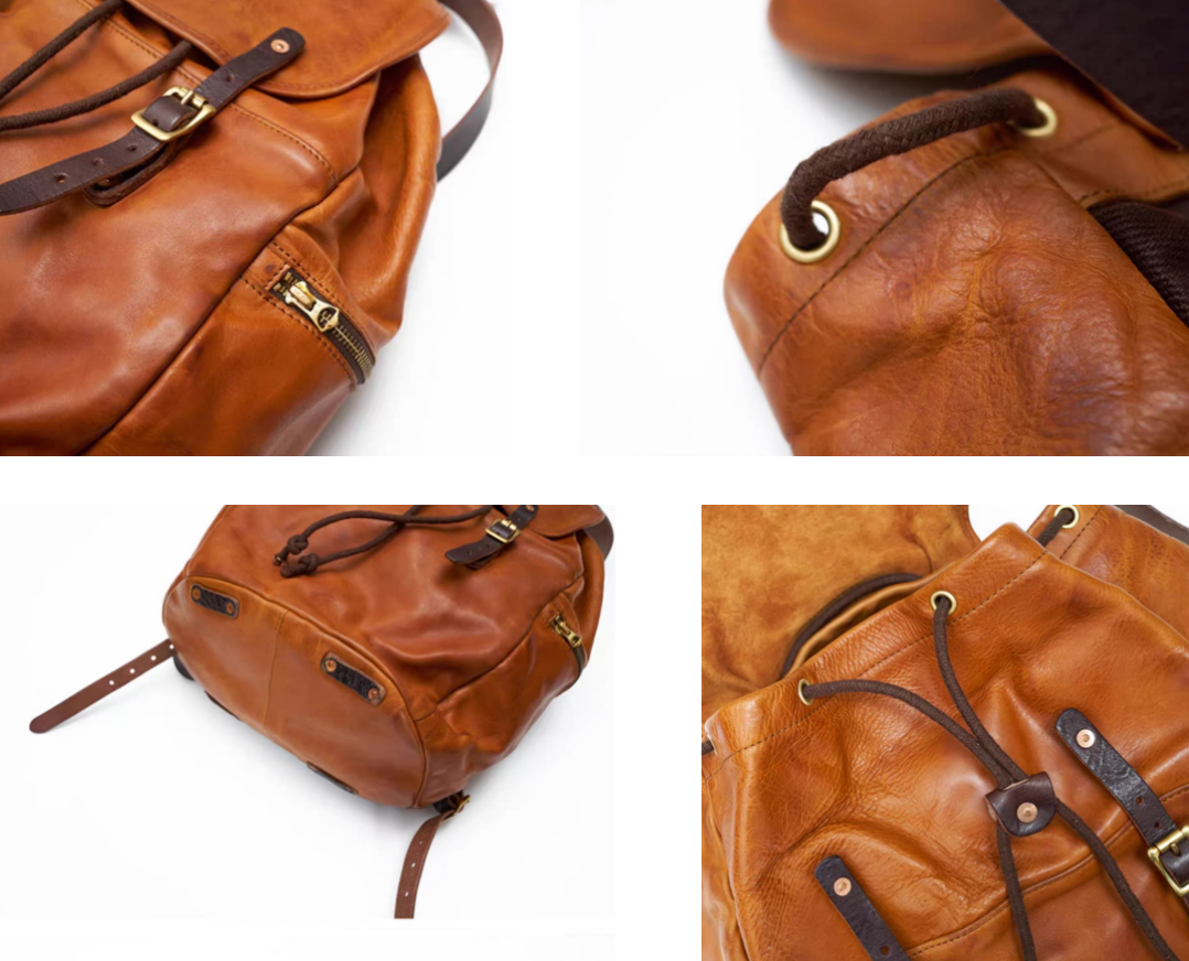 Close-up of drawstring, buckle straps, and TALON zippers on vintage Italian leather backpack